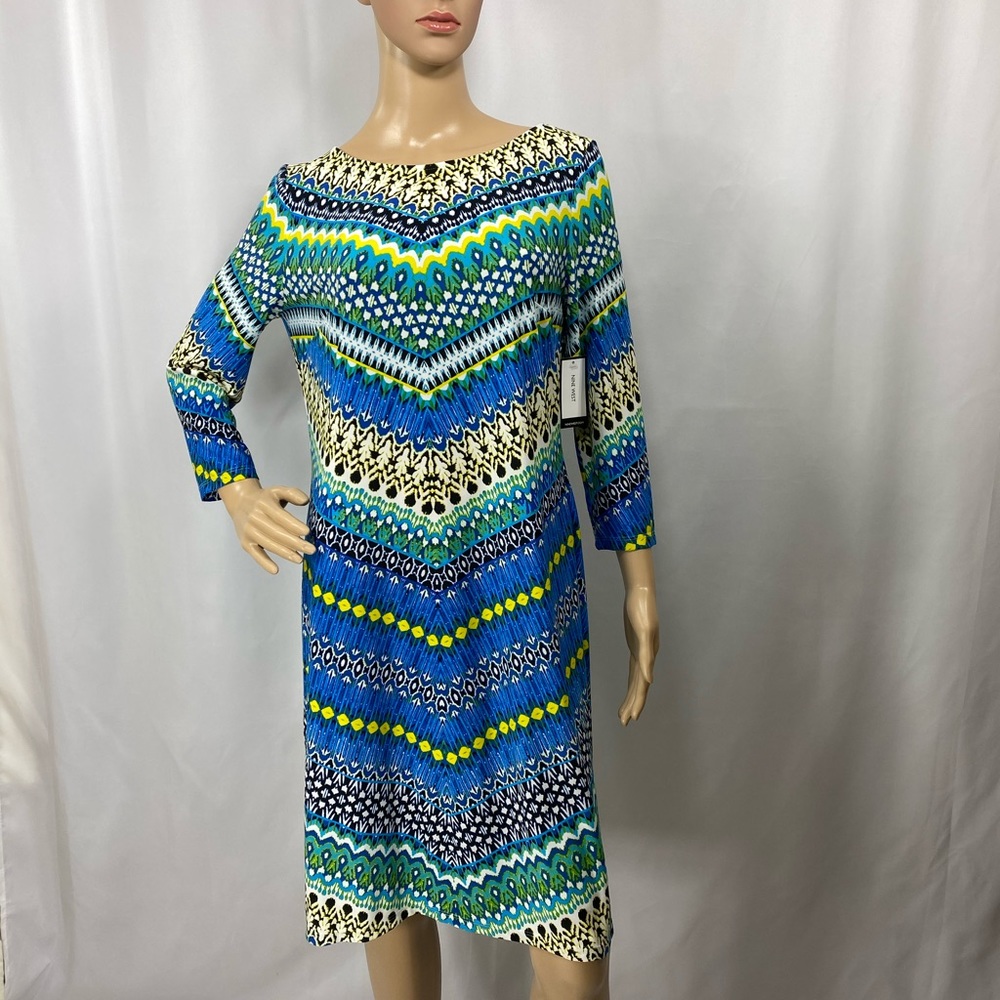 Nine West Sheath Dress Blue geometric stripes knit